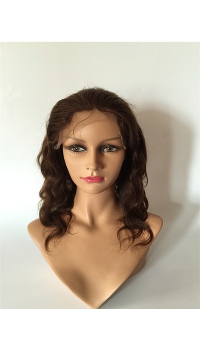 14inch dark brown color body wave Chinese remy human hair lace front wig