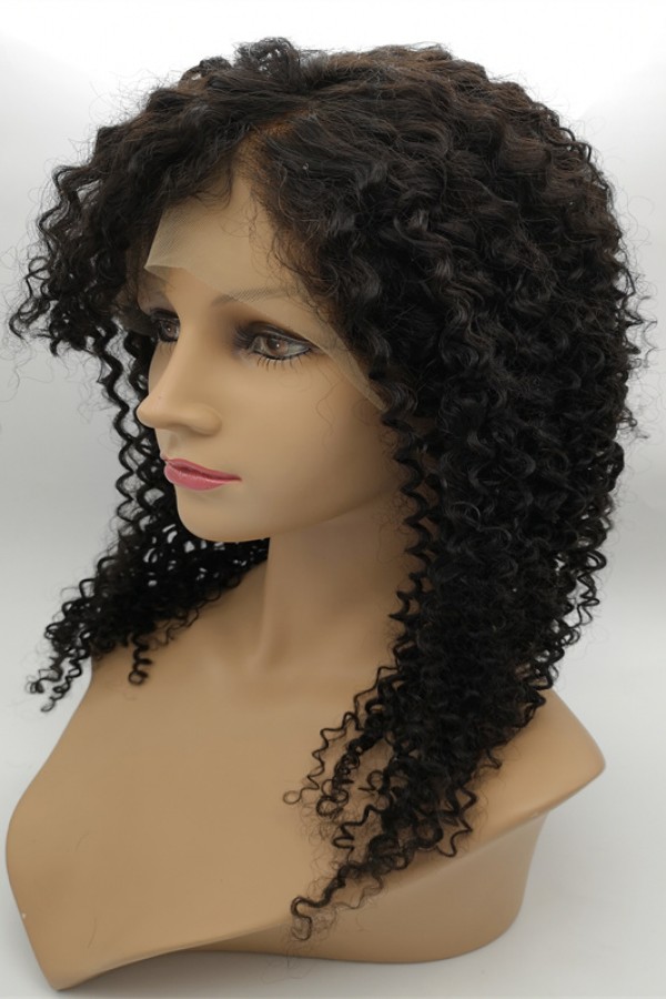 16inch natural color curly Chinese virgin human hair natural lace front  wig