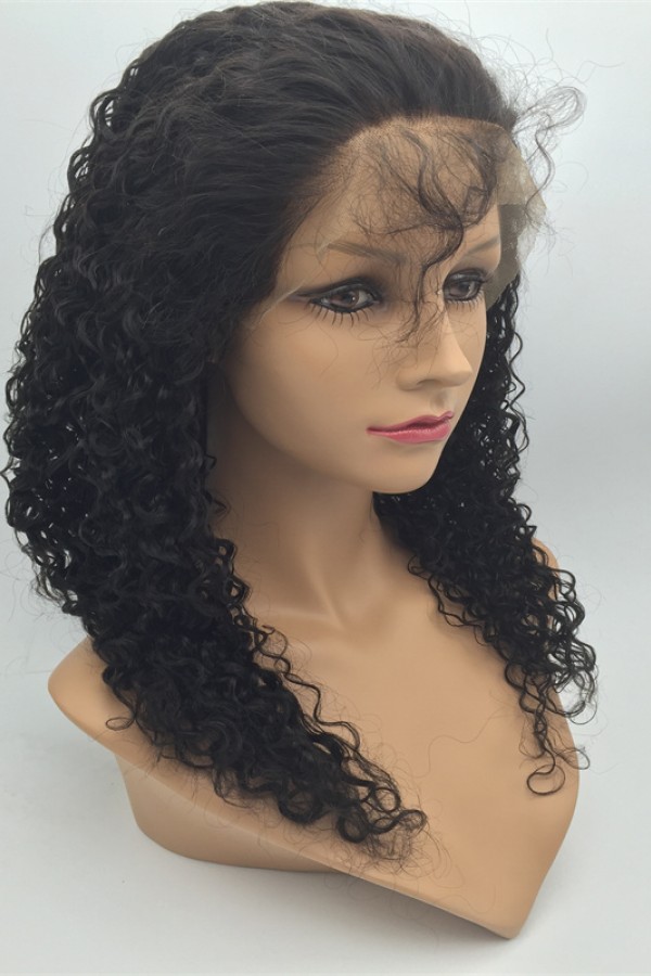 18inch natural color curly Chinese virgin human hair natural lace front  wig