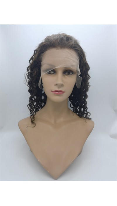 14inch medium brown color deep curly Indian remy human hair lace front wig