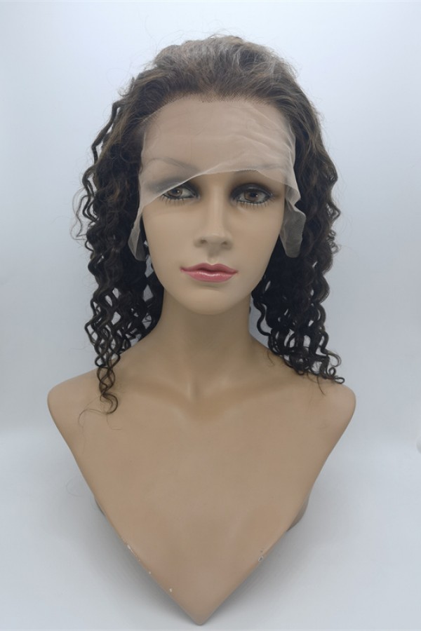 14inch medium brown color deep curly Indian remy human hair lace front wig
