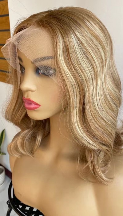 14inch BAYALAGE COLOR  natural hairline with small knots super high quality Chinese virgin human hair lace front celebrity wig