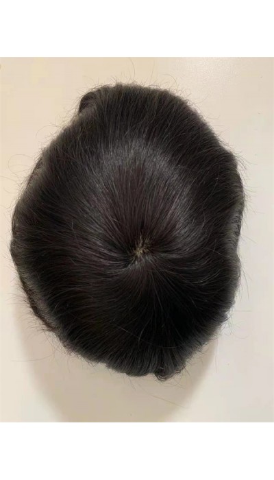 Natural straight silk with PU thin skin base toupee