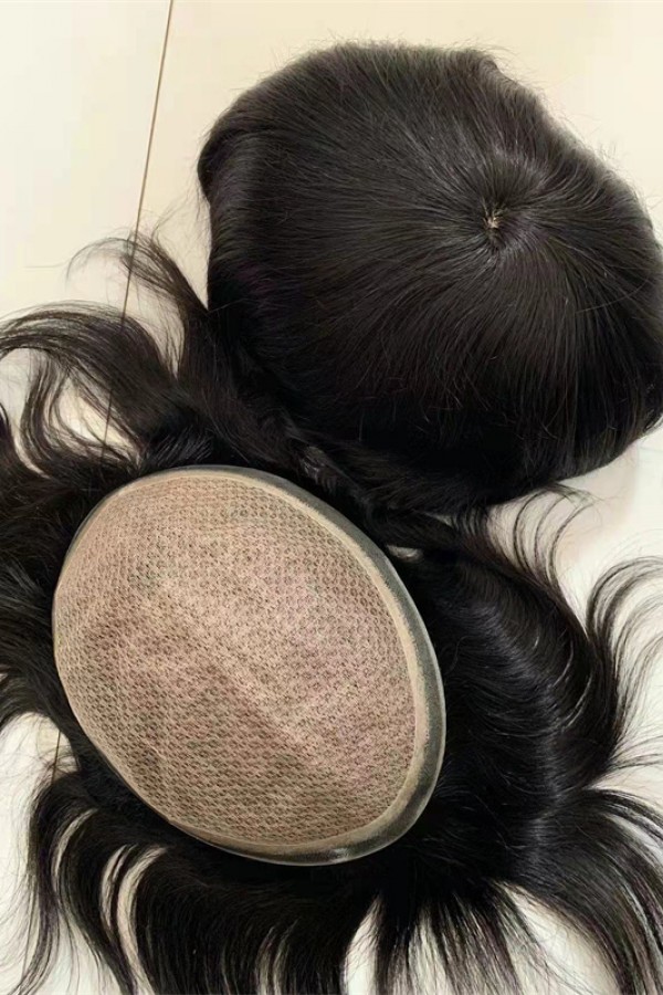 Natural straight silk with PU thin skin base toupee