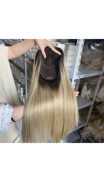 18inch Chinese Virgin human hair golden color natural straight top quality celebrity women topper toupee