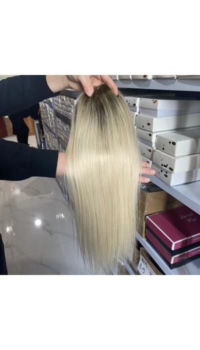 16inch Chinese Virgin human hair silk straight blonde color top quality celebrity mono topper shinewig