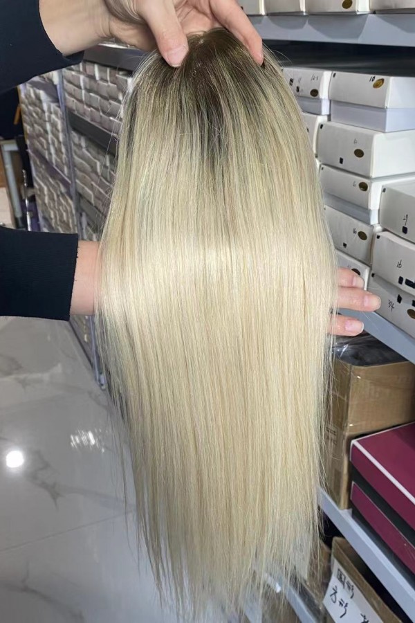 16inch Chinese Virgin human hair silk straight blonde color top quality celebrity mono topper shinewig