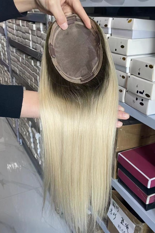 16inch Chinese Virgin human hair silk straight blonde color top quality celebrity mono topper shinewig