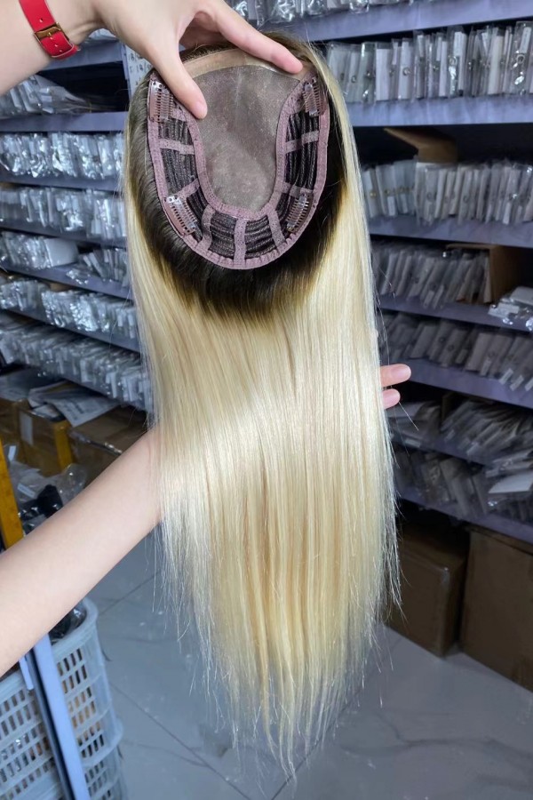 16inch Chinese Virgin human hair silk straight blonde color top quality celebrity mono topper shinewig