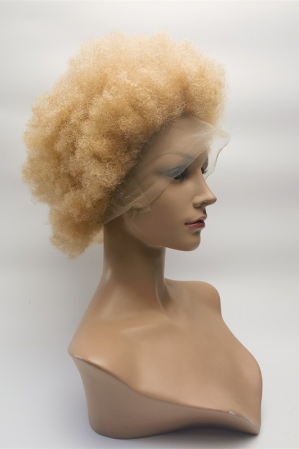 10 inch blonde kinky afro Chinese remy human hair full lace wig from shinewig