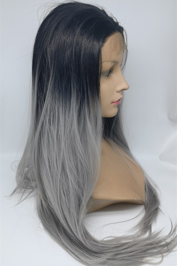 High temperature dark roots gray hair ombre color  beautiful wavy synthetic lace front wig shinewig