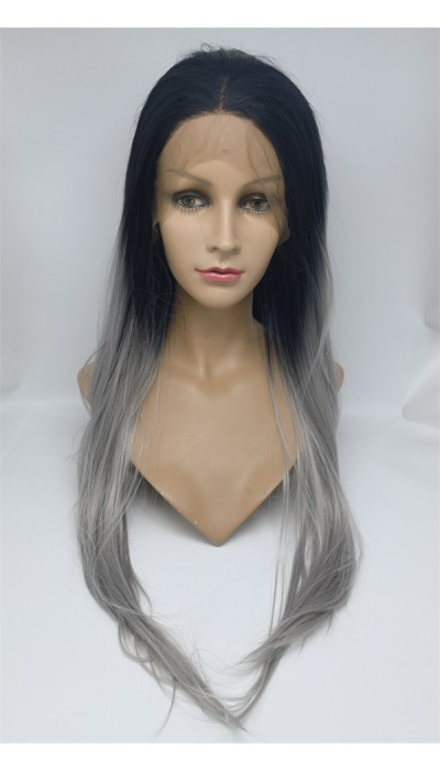 High temperature dark roots gray hair ombre color  beautiful wavy synthetic lace front wig shinewig