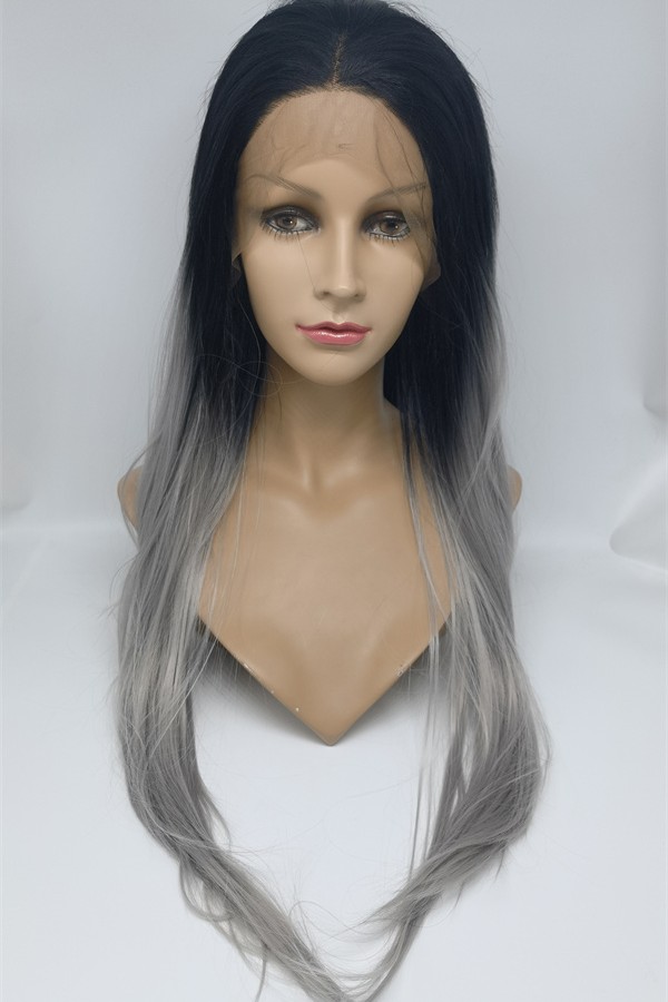 High temperature dark roots gray hair ombre color  beautiful wavy synthetic lace front wig shinewig