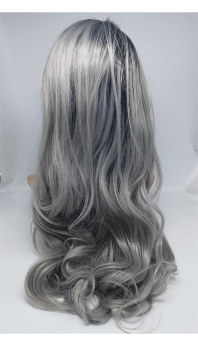 High temperature dark roots gray color ombre color beautiful wavy synthetic lace front wig shinewig