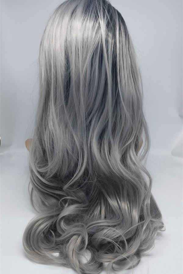 High temperature dark roots gray color ombre color beautiful wavy synthetic lace front wig shinewig