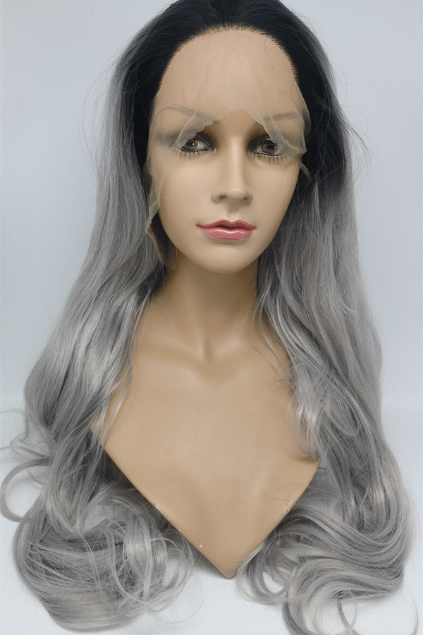 High temperature dark roots gray color ombre color beautiful wavy synthetic lace front wig shinewig